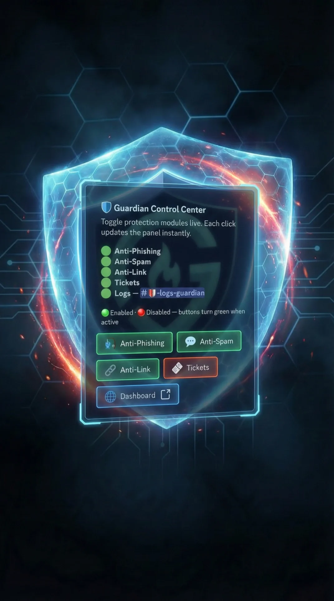Guardian Bot control center — anti-phishing, anti-spam, and anti-link protection modules on a holographic shield