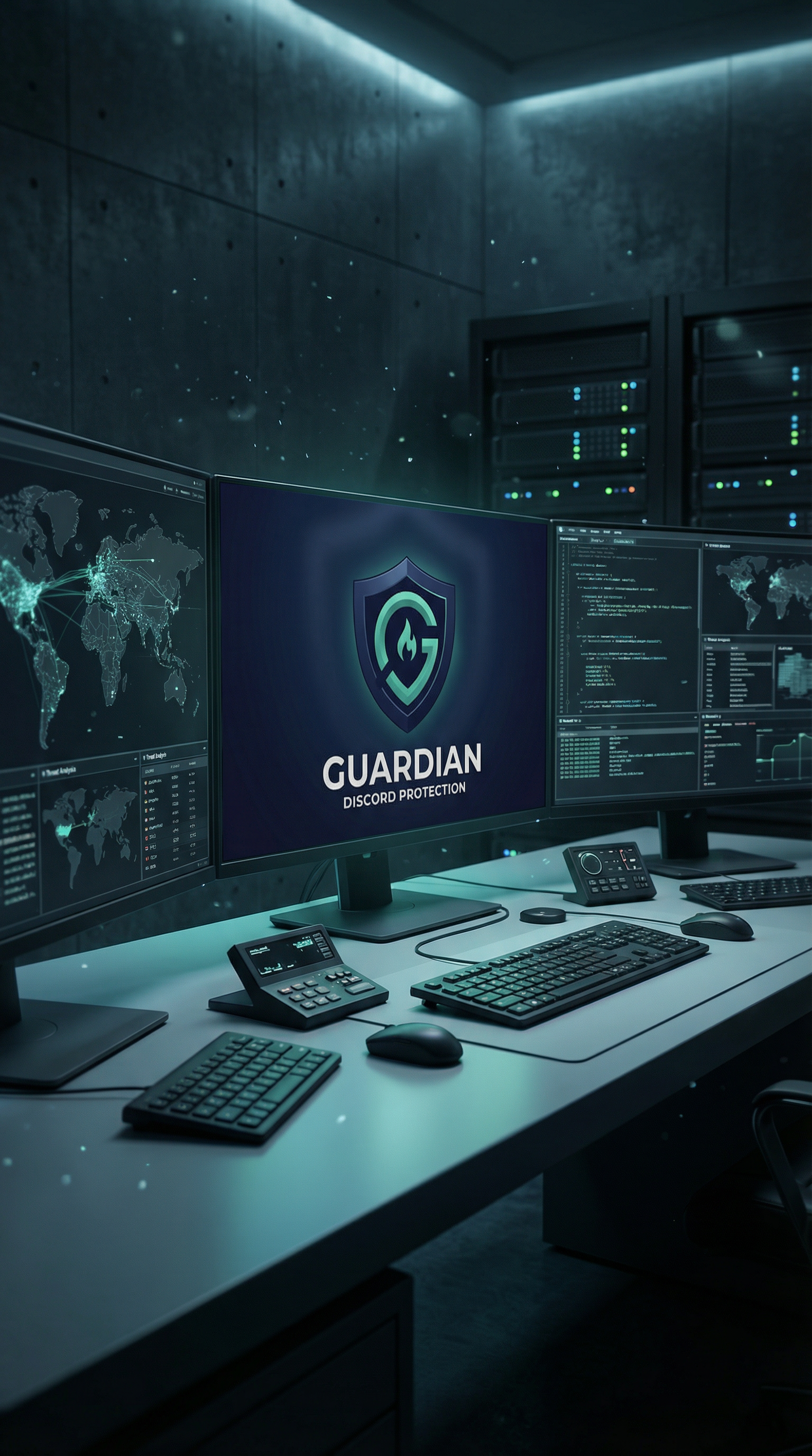 Guardian Bot command center — multi-monitor security operations center with real-time threat monitoring and server protection dashboard